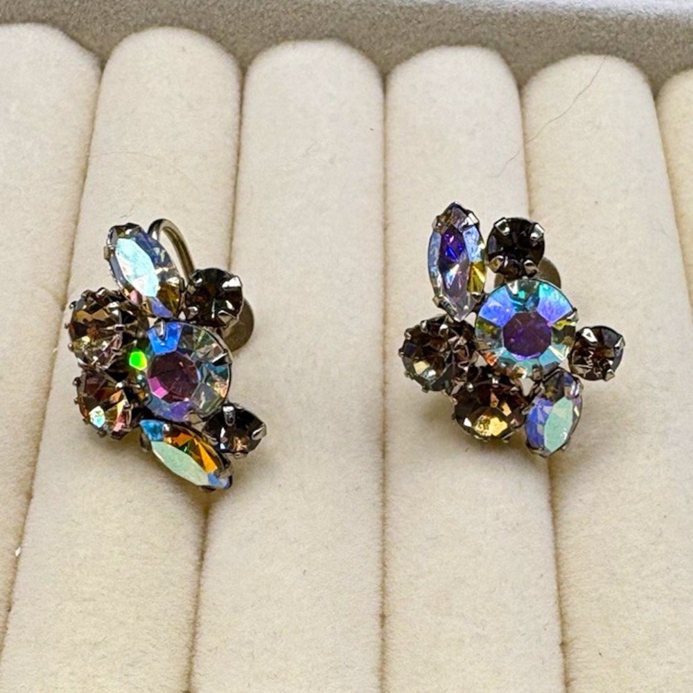 Vintage Signed Sherman Clip On Earrings Smokey Topaz AB rhinestone high flash